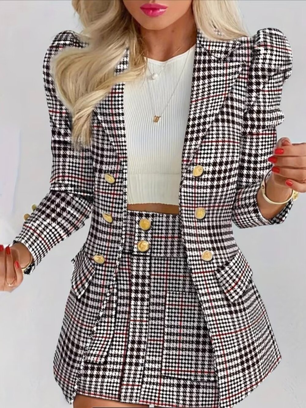 New Fashion Casual Suit Set Women'S Temperament Checkered Print Princess Sleeve